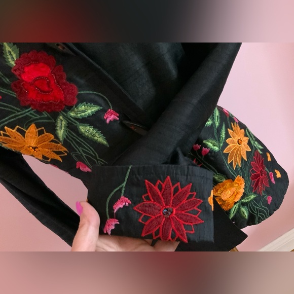 Floral Embroidered Silk Black Blouse - Picture 3 of 11